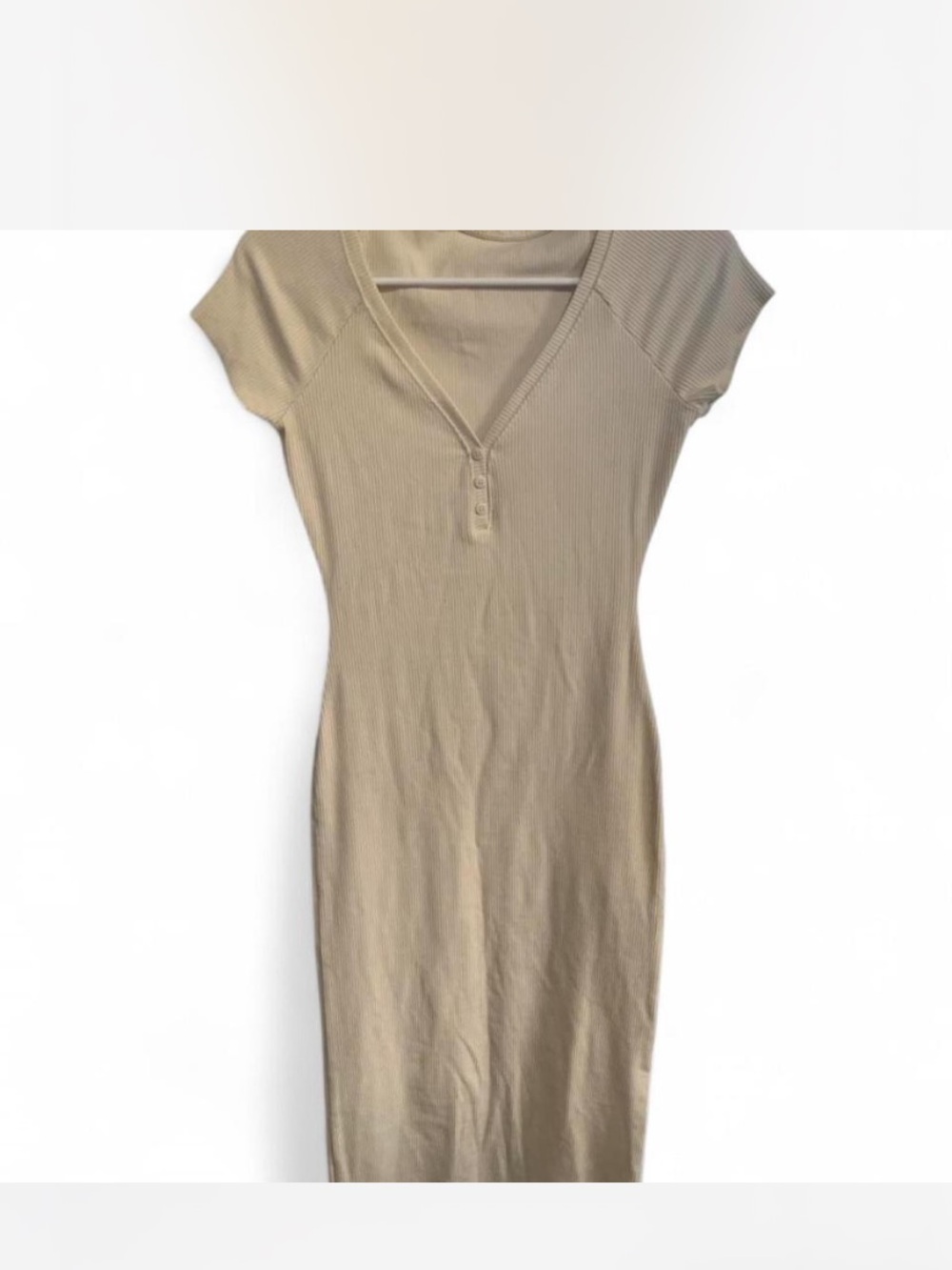 Classic Ribbed V-Neck Maxi Dress in Beige